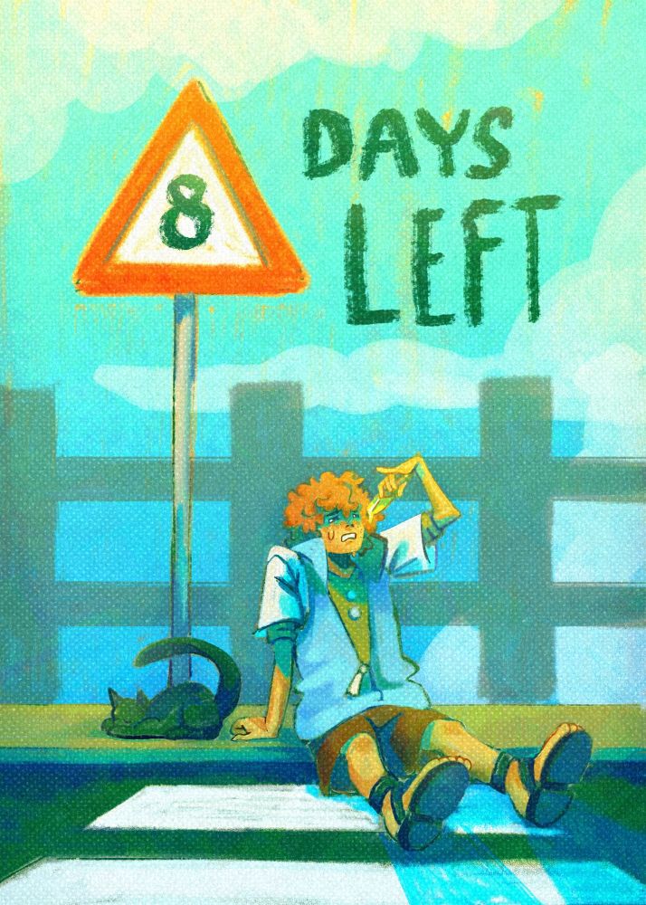 Hibiya sitting on the curb next to a crosswalk, eating a popsicle under the glaring sun. He looks miserable as he sweats, seated next to a very relaxed black cat whose asleep. Next to them is a street sign with the number "8". TEXT: 8 DAYS LEFT