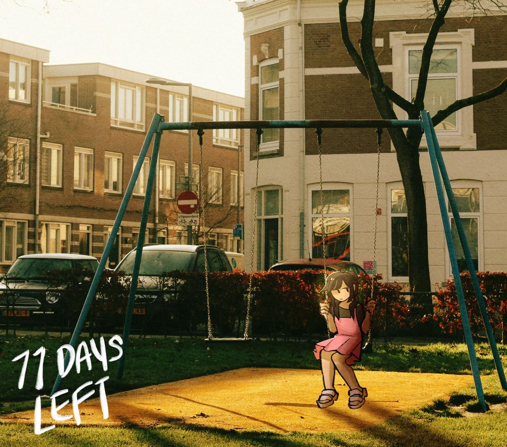 Hiyori Asahina seated on a swing-set, staring to the side. The sun casts an afternoon glow on the park she’s in, with her shadow stretching off to the side. TEXT: 11 Days Left