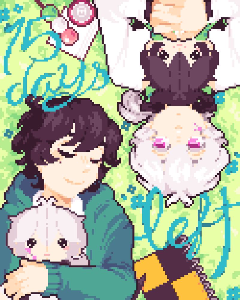 A GIF of pixel art featuring Haruka Kokonose and Konoha laying in the grass in opposite directions. Haruka lays peacefully with his eyes closed, holding onto a plushie of Konoha. Konoha lays next to him, looking at Haruka as he carefully holds onto a plush of his counterpart. Beside Haruka is a sketchbook and pen. And next to Konoha appears to be some dango and a can of soda. The wind brushes through their hair. TEXT: 15 days left.