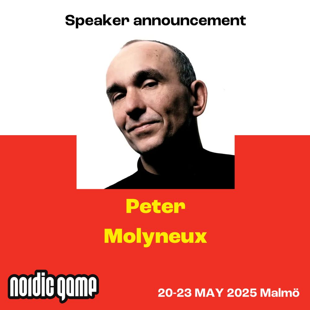 A poster announcing Peter Molyneux as a speaker at the Nordic Game event in Malmö, Sweden, taking place from May 20th to 23rd, 2025.