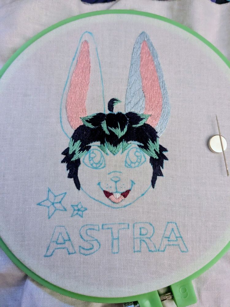 Work in progress of an embroidery anthro bunny character 