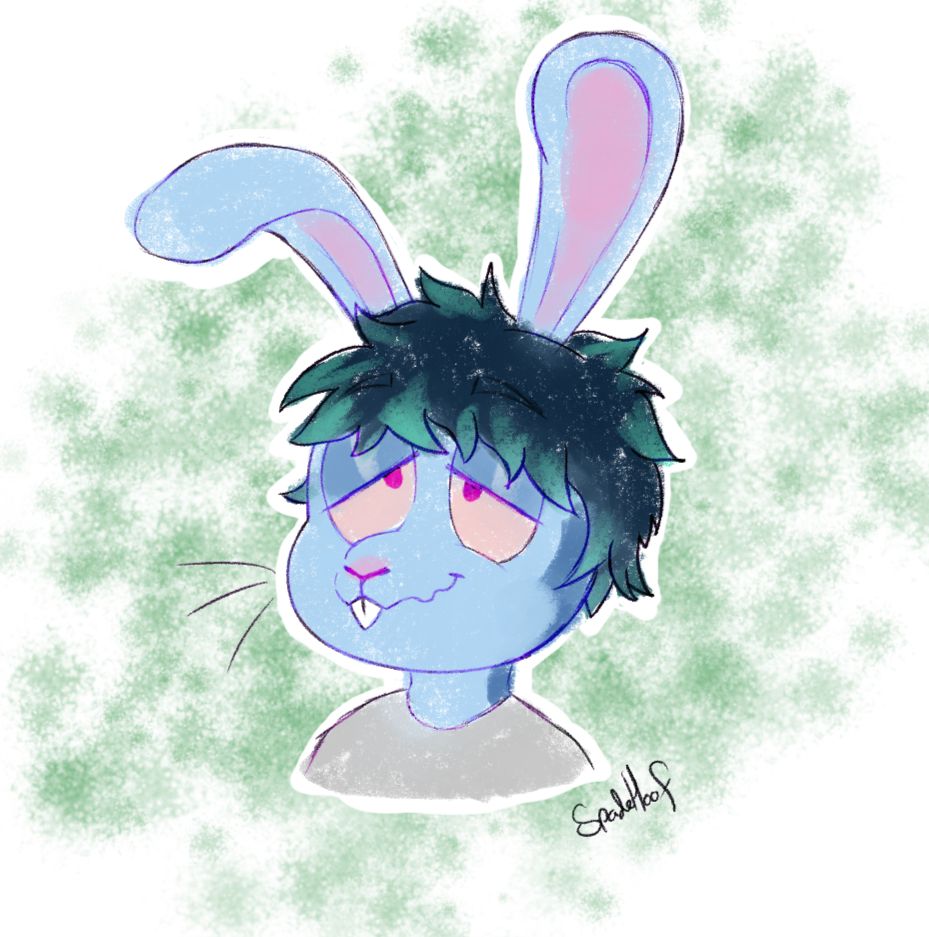 A sketchy drawing of a blue cartoon bunny with a dazed expression. The bunny's eyes are pink