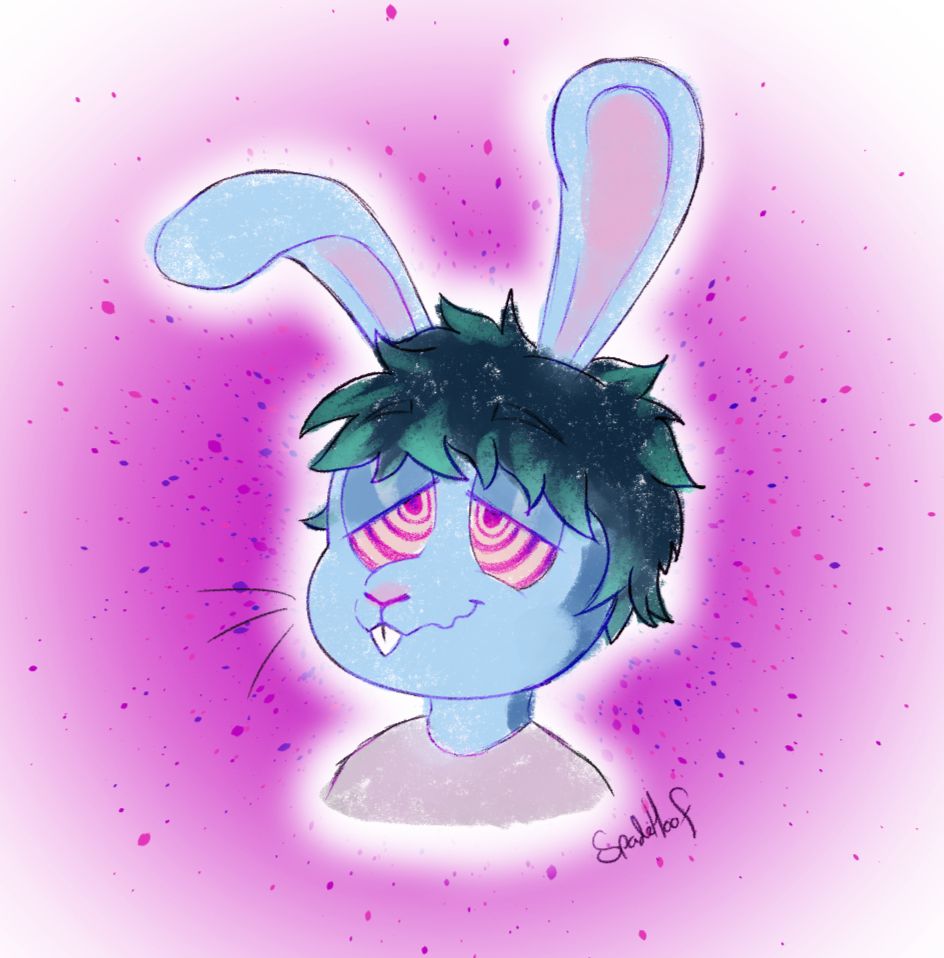 A blue cartoon bunny with a dazed expression. His eyes are swirly
