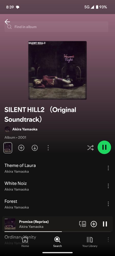 Screenshot is the Spotify app playing the Silent Hill 2 OST