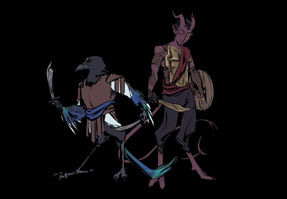 a drawing of a magpie-kenku gladiator with two scimitars, and a purple tiefling gladiator with a short scimitar and a shield