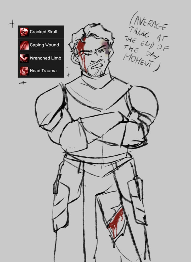 a digital sketch of a beat-up knight in armour