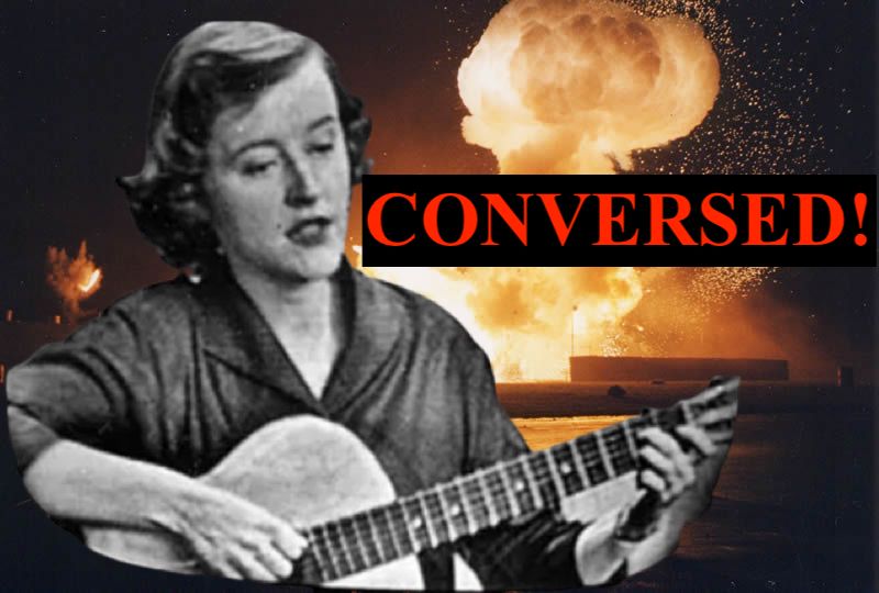 Picture of musician Connie Converse superimposed over a pyrotechnic explosion at night, with red text on a black background that says "CONVERSED!"