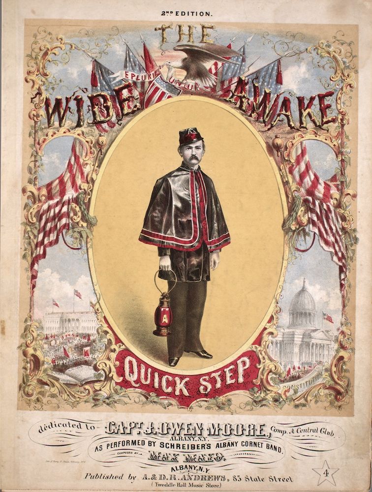 Poster of an 1860 Wide Awake member with a mustache, wearing a cape with red trim and a small hat with red trim, holding a red lantern.. 