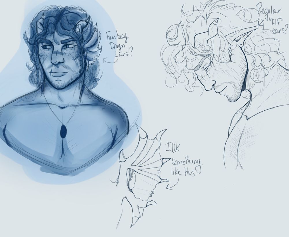 Sketch page of a half dragon hybrid fantasy character. He is depicted with horns, scars, and messy hair 