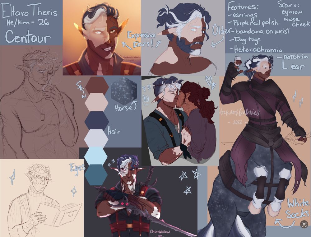 Art Reference sheet for Eltaro Theris, a blue roan centaur with vitiligo. Different images or the character are shown with notes about design elements