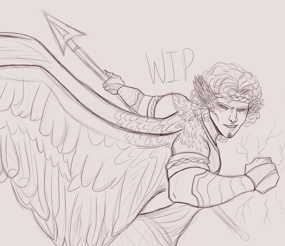 A wip sketch of my siren oc Kyriakos (seer-ah-kose) he appears angry, holding a spear with his wings flared behind him. Magic sparks from his other hand