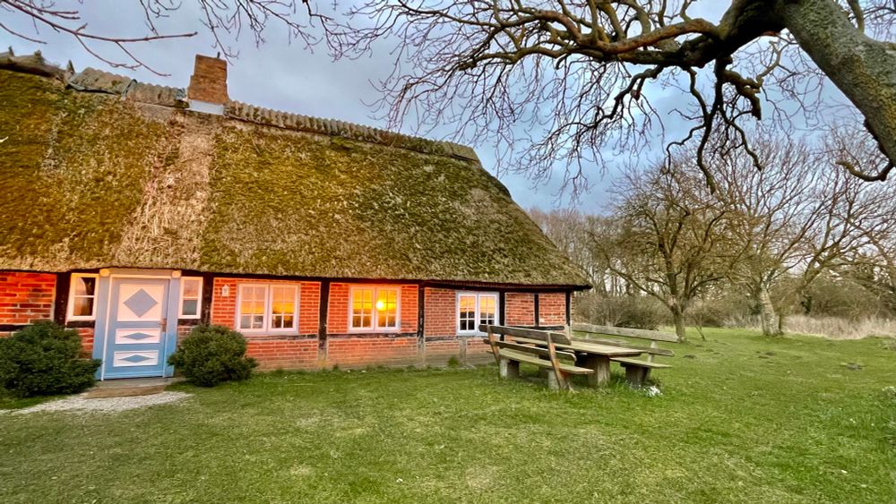 Ein reetgedecktes Fachwerkhaus in der Natur. In den Fenstern spiegelt sich ein Sonnenuntergang.