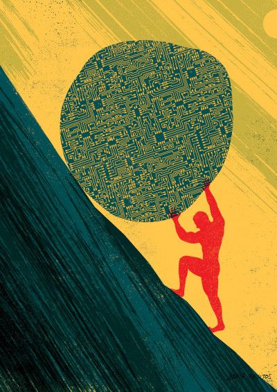 Illustration du mythe de Sisyphe. Un homme pousse une sphère faite de circuits numériques sur une pente raide. 
