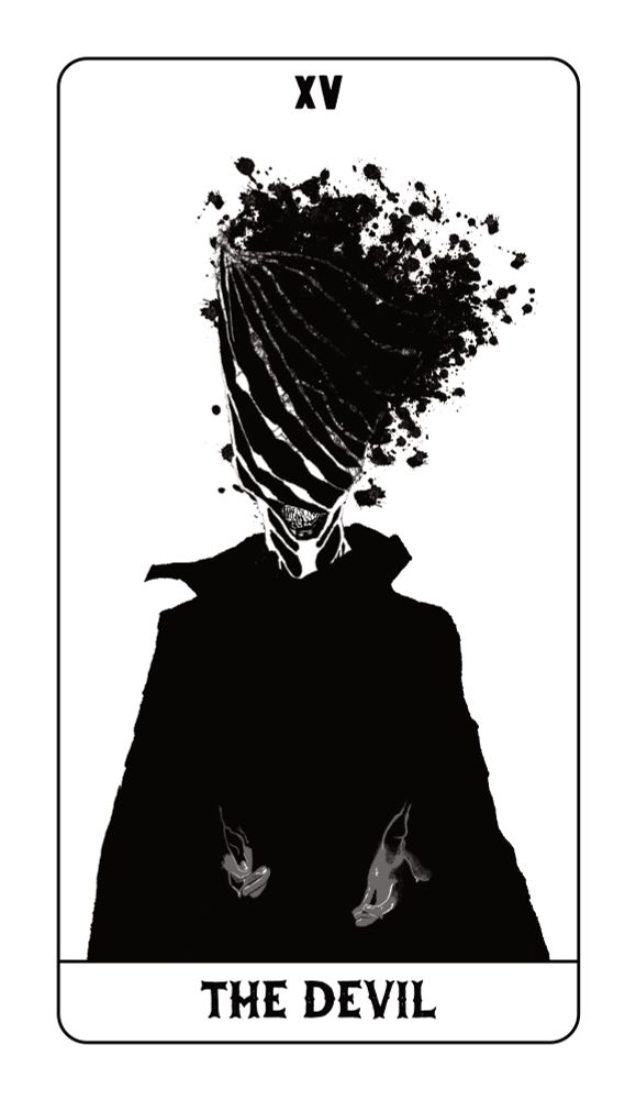 A figure with a head that spirals into ink blots. The devil is written underneath. 

