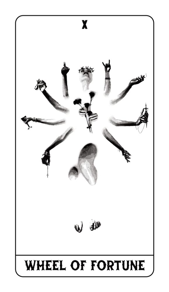 Two hands holding flowers flanked on all sides by a circle of hands each in a different pose

The words “wheel of fortune” are written underneath