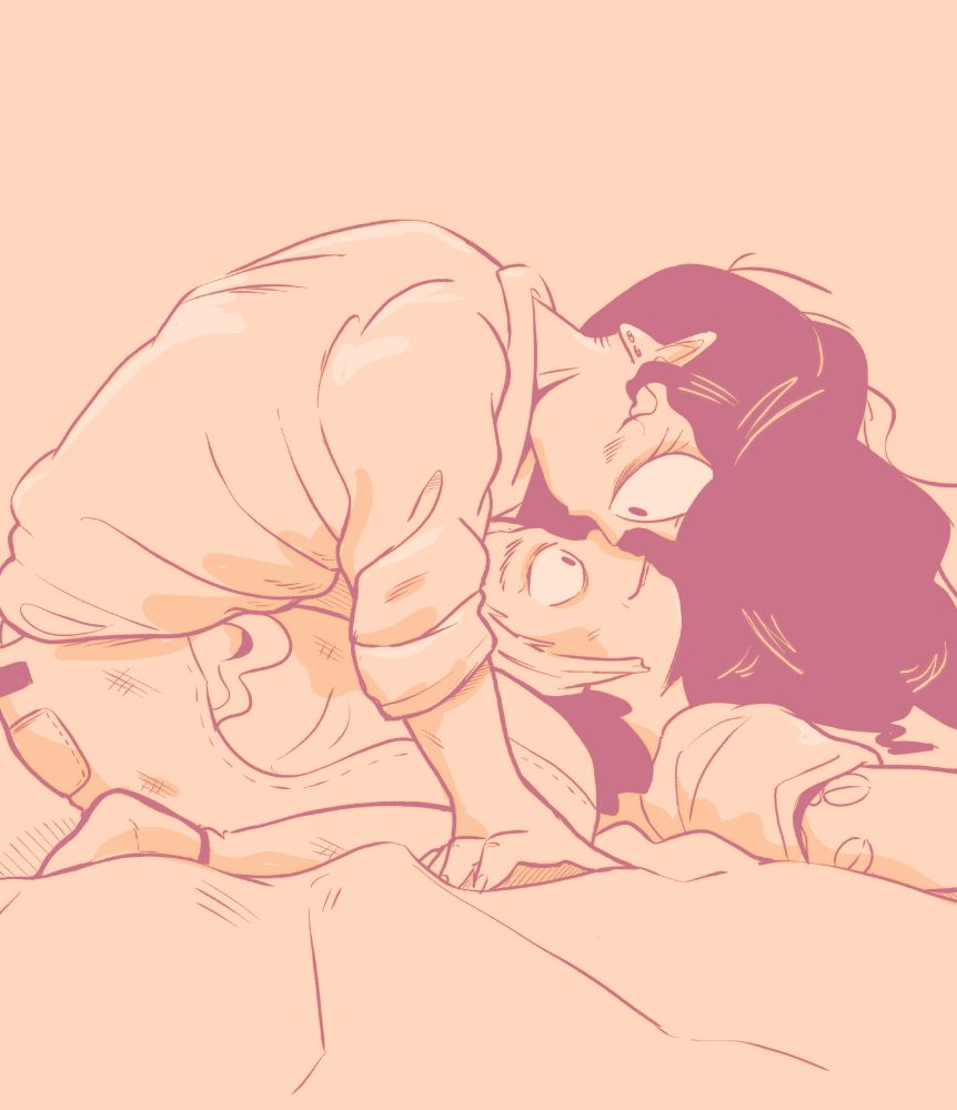 digital drawing, a pointed earred woman sits with her head over a man who is lying down with thier noises touching. it's all in oranges and reds.