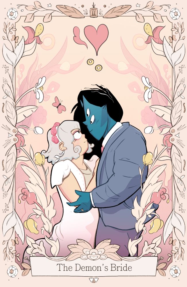 digital tarot card. a woman and a tall, blue demon embrace with flowers surrounding them. they are in wedding attire. 