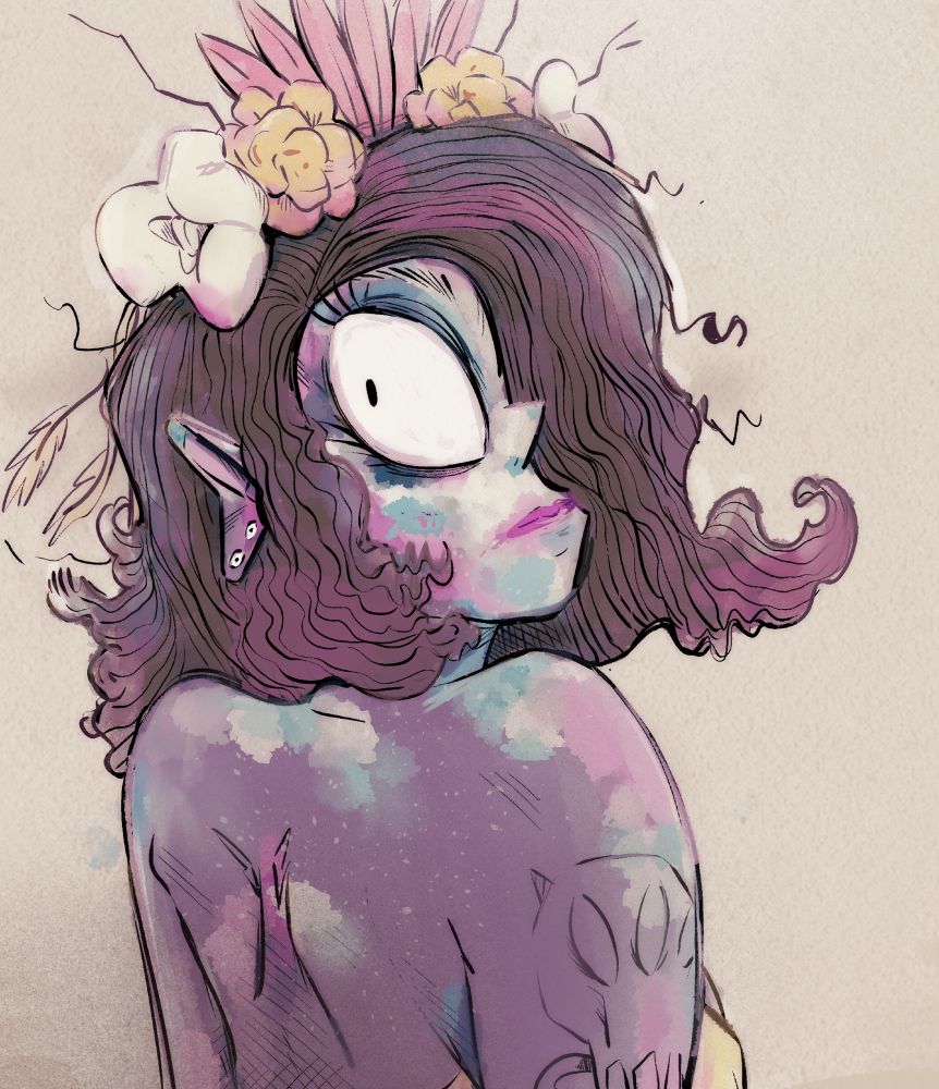 a puple, pointed earred witch in patchy clown/theatrical make-up and a flower crown. digital drawing in a watercolor style.