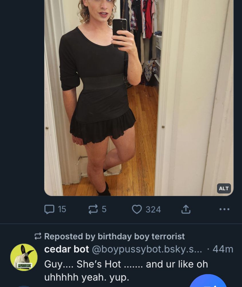 This post on my skyline. The next post down is from @boypussybot.bsky saying “Guys…. She's Hot ....... and ur like oh uhhhhh yeah. yup.”