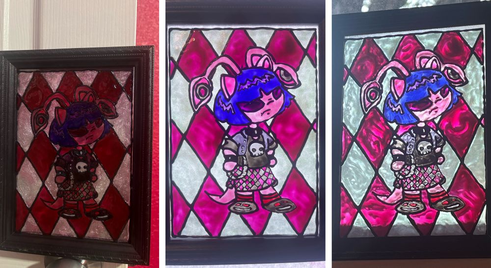 Three panels, all photos of the same framed art piece. The piece is a faux stained glass rendition of an iconic alt Aisha shopkeeper from Neopets.com, they’re pink with a purple blunt bang bob cut, their ears are stretched. They stand with hands on their hips. 