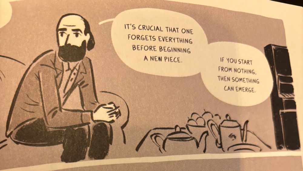 An greyscale image from a graphic novel. A bearded man representing the composer Arvo Pärt sits on a sofa. His speech bubble reads: “It’s crucial that one forgets everything before beginning a new piece. If you start from nothing then something can emerge.” Source: Between Two Sounds by Jonas Sildre
