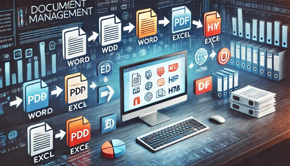 A visually engaging representation of document management, showing digital files being converted between formats such as PDF, Word, Excel, and HTML