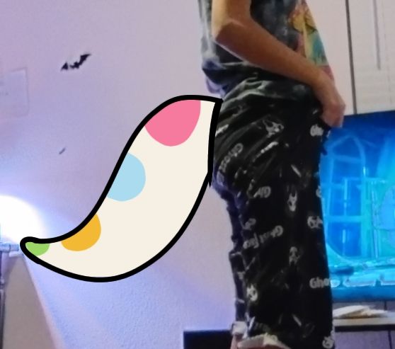Mid rise hanging tail! Ivory base color with pink, blue, yellow, and green blotches going down the the top. (I'll be using Neffertitty's super motion tail pattern for this!)