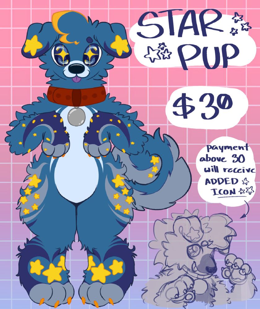A multicolored blue dog, decorated with yellow stars
Selling for $30