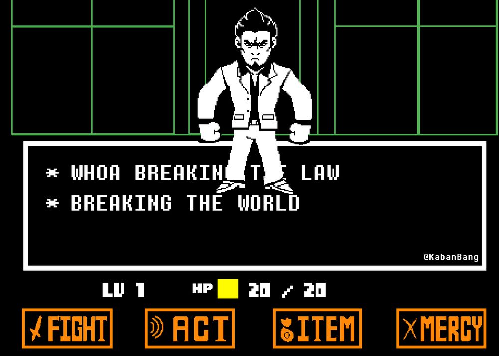 A drawing parodying the Undertale battle screen. Kazuma Kiryu from the Yakuza (Like a Dragon) series is fighting the player. The text box reads: 