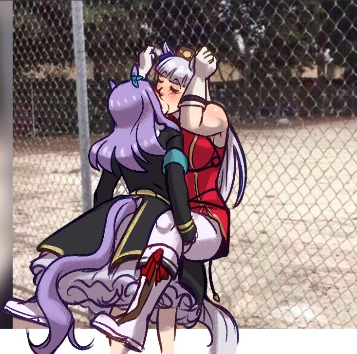 a drawing of Mejiro McQueen holding Gold Ship against a chainlink fence while they kiss. 