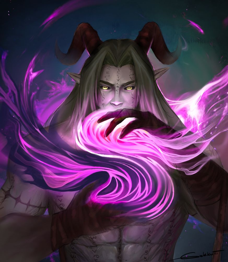 art of vtuber Varag Hellhorn, casting dark magic spells of two purple energies in hands