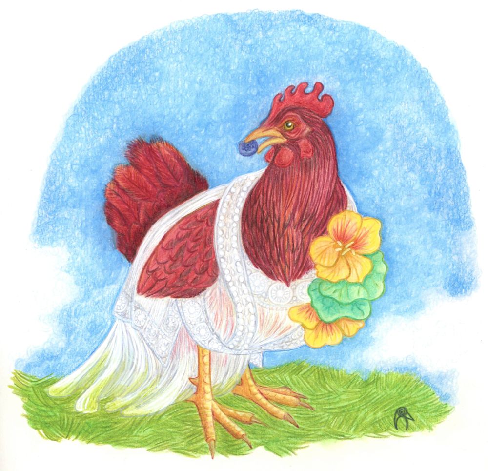 A colored pencil and posca paint portrait of a Rhode Island Red hen wearing a 1910s-style lawn dress and a cluster of nasturtiums 