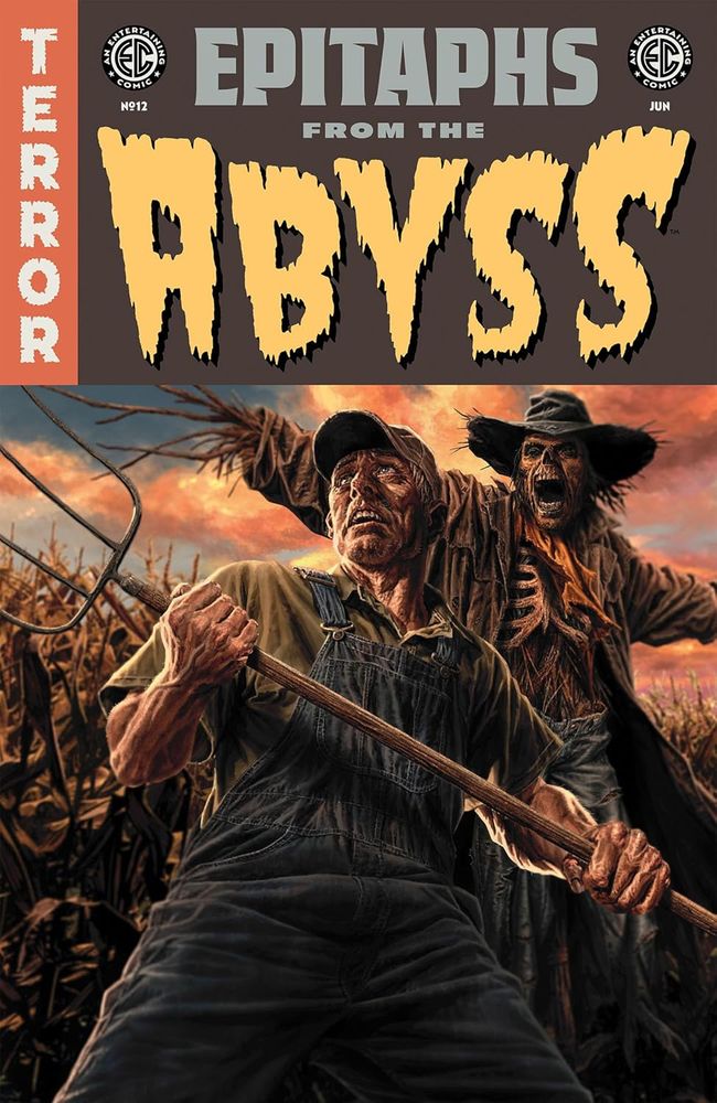 The cover for epitaphs from the abyss number 12 featuring a farmer holding a pitchfork while a scary scarecrow lunges at him from behind.