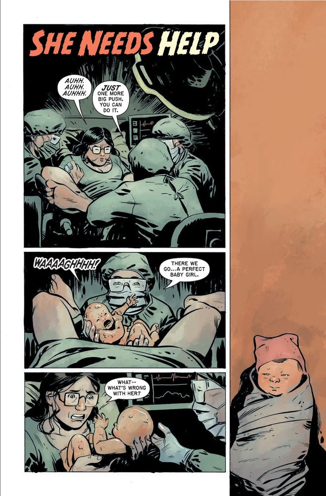 The first page from my short story called, she needs help. First panel shows a mother in the hospital, giving birth the doctor Poole's a cute butt slimy baby from between her legs and says there we go a perfect baby girl. The third panel shows the mother holding the baby and asking "what - what's wrong with her?"