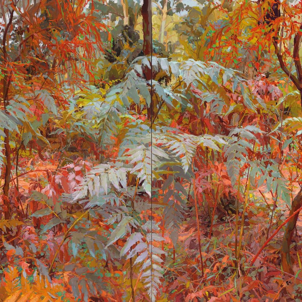 Plain air painting of ferns amongst dens foliage