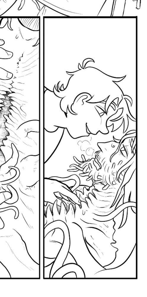 Cropped image of a comic page. Sawyer leans over Brennan, who is panting and and mid transition into something else.