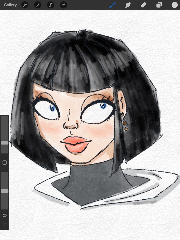 Watercolor sketch of a white woman with short black hair and bright blue eyes