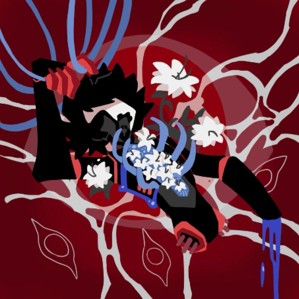 A custom replika unit, dismembered and with their chest ripped open to reveal a cavity of white lilies. The great sea watches silently behind.