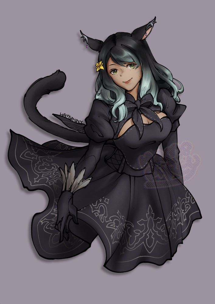half body illustration of a ffxiv miqo'te player character with black hair with mint green highlights, wearing nier themed attire