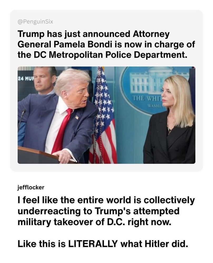 

Trump has just announced Attorney General Pamela Bondi is now in charge of the DC Metropolitan Police Department.


I feel like the entire world is collectively underreacting to Trump's attempted military takeover of D.C. right now.

Like this is LITERALLY what Hitler did.