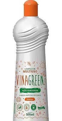 limpador multiuso vinagreen laranja com ação clareadora é uma embalagem alongada e branca com a tampa laranja 