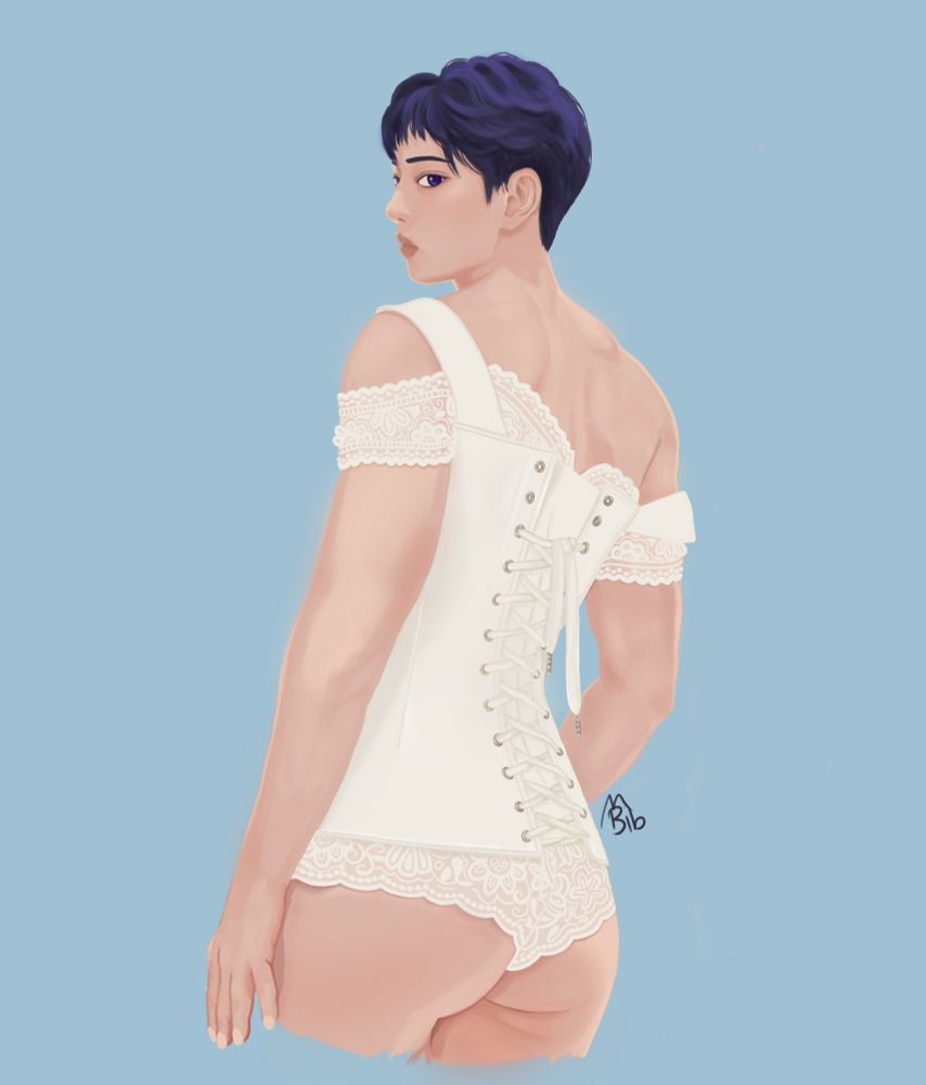 Kageyama Tobio looking over his shoulder, dressed in a corset and panties. 