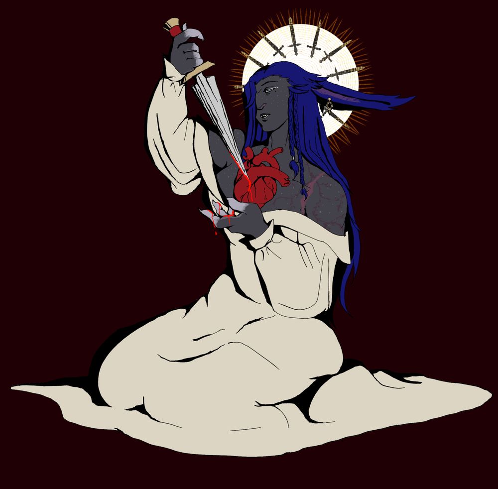 Digital illustration of my viera OC Lament, depicted kneeling against a dark background. He is wearing a cream colored gown that hangs off his shoulders. A simplified depiction of an anatomical heart rests at the center of his chest, one hand cupped underneath it, the other raised over his head to grip a short blade pointed at the heart. Thin rivulets of blood run along his cupped hand and the tip of the blade. His head is tipped to the side, bangs covering one eye, as he looks out with a hazy half-lidded gaze. Behind his head is a white and gold halo containing a circle of grey and gold daggers.
