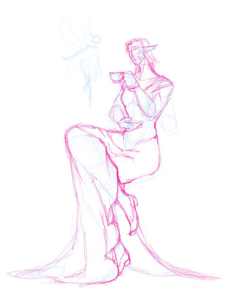 rough work in progress sketch of urianger from final fantasy xiv, seated with his legs crossed and holding a teacup and saucer. there's a rough scribble of a pixie off to his side