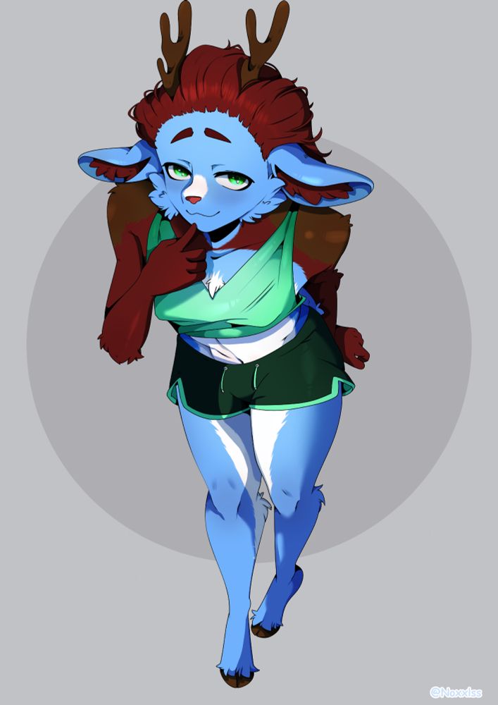 Larimar, caribou fursona, goadingly glowers at the camera, his right index finger on his chin.