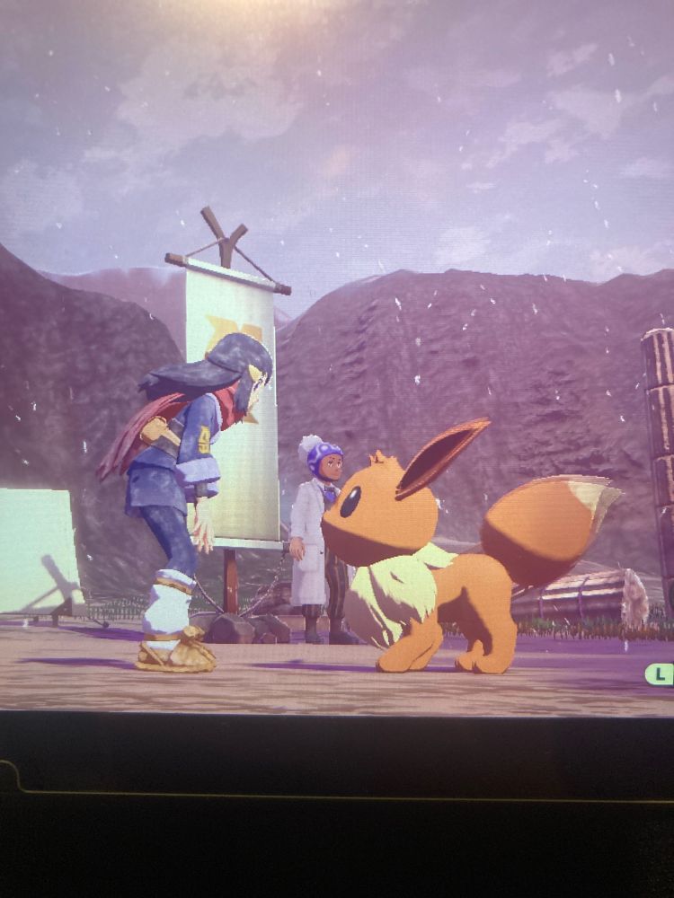 Photo of a TV with the game Pokémon Legends: Arceus displayed on screen. The female avatar is bending down to talk to an absolutely gigantic Eevee. Seriously, the Eevee’s head is about the size of a very large beach ball.