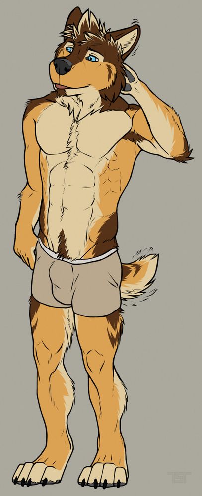 Drawing of a dog furry in underwear
Left hand behind his head to keep the twitching left ear in place
Right arm tucked in like he's about to grab his waistband
Tongue sticking out and tail wagging
Maybe he saw someone he likes?