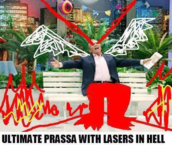 Carlos Alberto sentado no banco de praça com desenhos de fogo, asas e raios em volta de si com a legenda ULTIMATE PRASSA WITH LASERS IN HELL