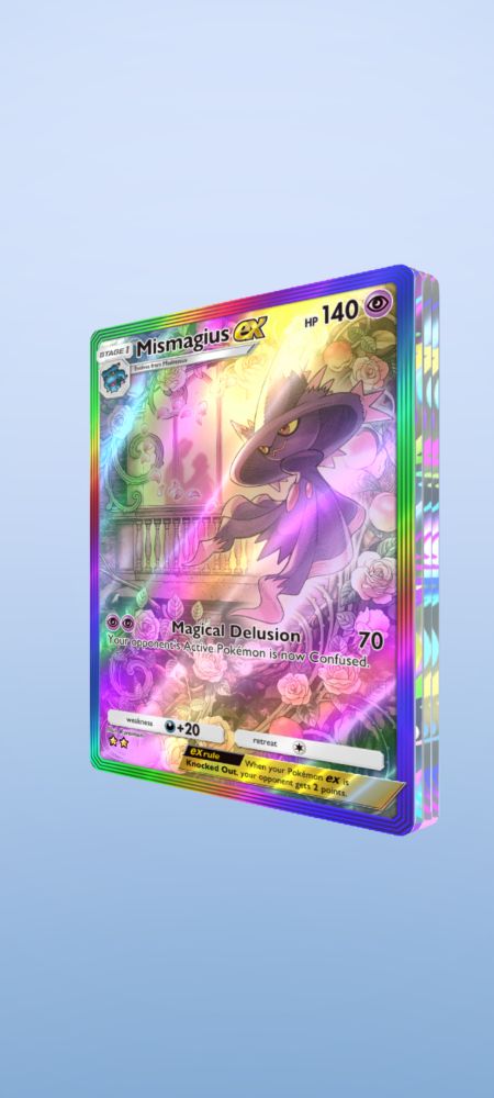 A full art card of Mismagius ex, tilted to the side to show that all 5 cards in this booster pack are holographic