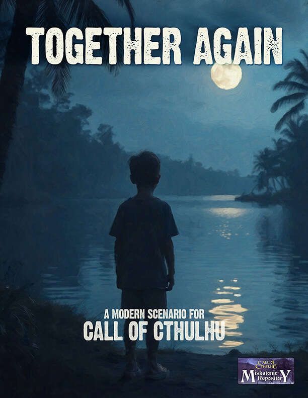 Want to go for a swim?

"Together Again" appears to be Zachary Sokol´s first outing as a Miskatonic repository content creator and presents us with a 34-page scenario.

It's intended for 3-4 players, and our playthrough with 4 players lasted just shy of 4 hours.

The scenario is intended for a mature audience and deals with drowning, suicide, and loss of agency.

It takes place in 2024 Florida and deals with the aftermath of a young child drowning 10 years prior to the scenario's events.
Being set in Florida ofcourse there is an alligator ;)

The scenario has an ok production value but does need a little work on the editing side.
Maps, art, and handouts strike a good balance between being easy to read and creepy.

It was quite straightforward to run and has good roleplaying hooks for the 5 provided pre-gens.

Controversially priced at an even $5.00 instead of the usual 4.99 we found it worth its cost for a single horrific session of Call of Cthulhu.

Give it a chance at:
https://tinyurl.com/ybjnk5bp

#miskatonicrepository #callofcthulhu #chaosium #ttrpg